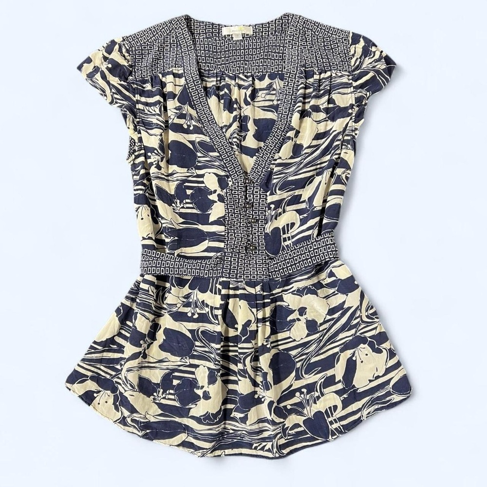 Anthropologie Silk Babydoll Top Short Sleeve Blue Cream Size 8 Medium Tie Waist